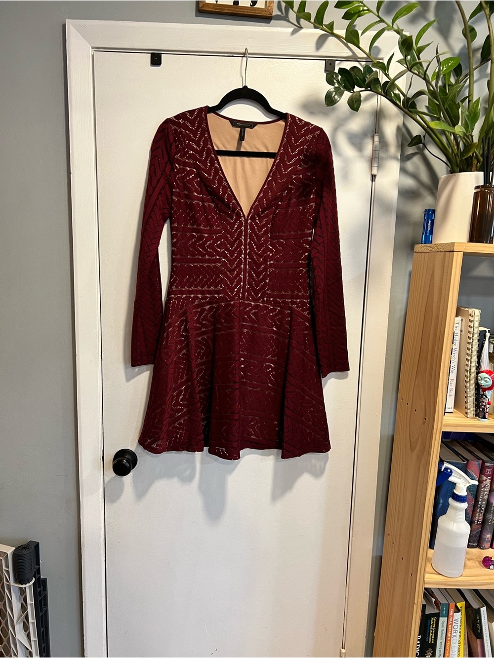 BCBGMaxAzria Deep Burgundy V-Neck Long-Sleeve Fit-and-Flare Dress